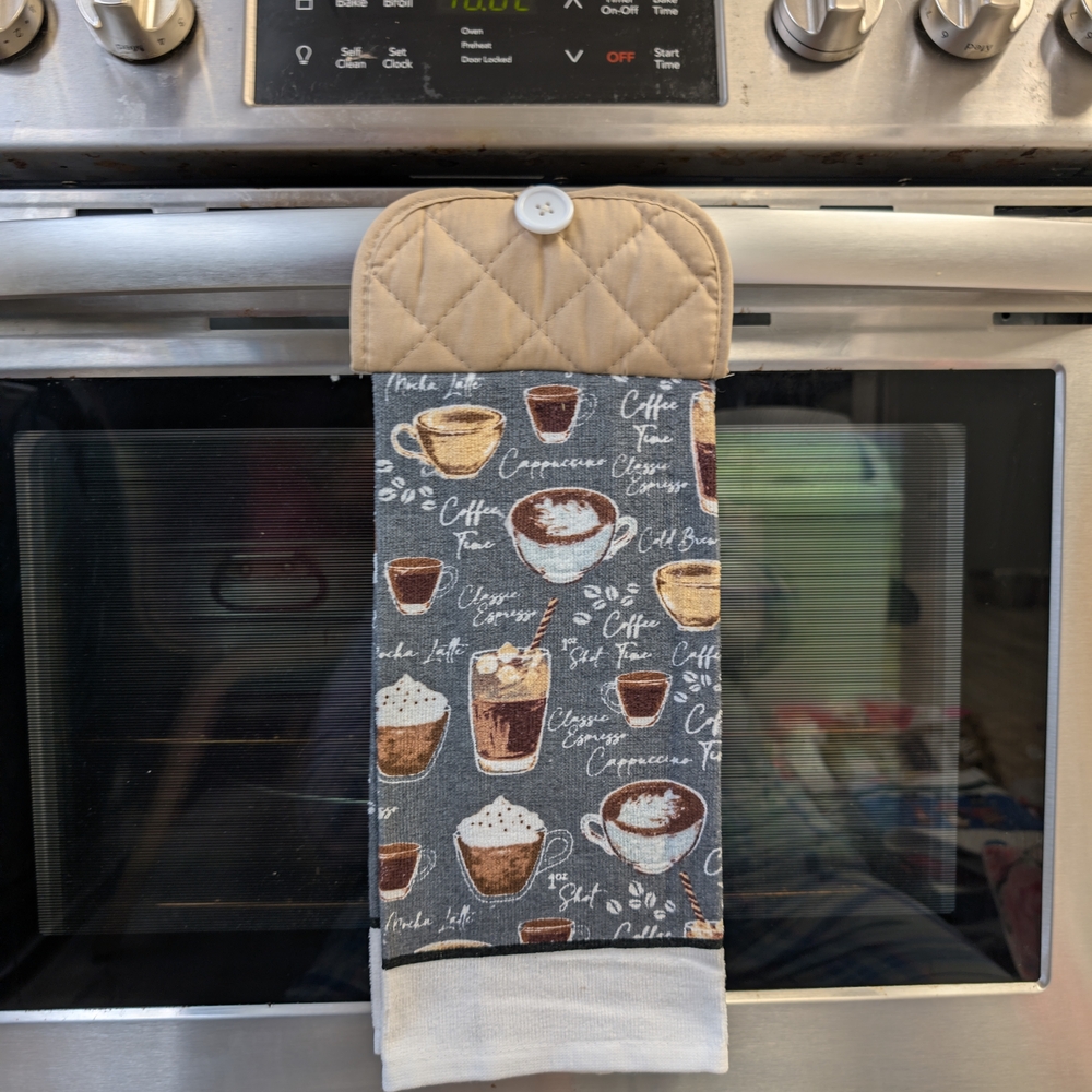 Coffee Print Kitchen Towel with Tan Holder